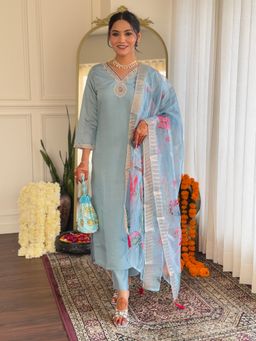 Lush Glam - Women Blue Embroidered Kurta with Pant and Dupatta