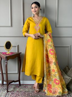 Lush Glam - Women Yellow Embroidered Kurta with Pant and Dupatta