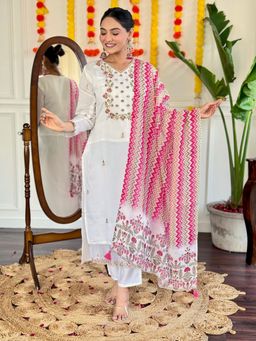 Lush Glam - Women White Embroidered Kurta with Pant and Dupatta