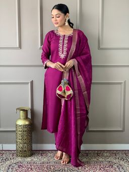 Lush Glam - Women Purple Embroidered Kurta with Pant and Dupatta