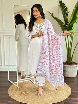 Lush Glam - Women White Embroidered Kurta with Pant and Dupatta