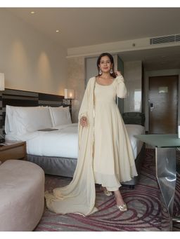 Lush Glam - Women Off White Solid Anarkali Kurta with Pant and Dupatta
