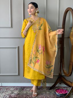 Lush Glam - Women Yellow Embroidered Kurta with Pant and Dupatta