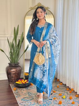 Lush Glam - Women Blue Embroidered Kurta with Pant and Dupatta