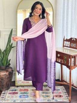 Lush Glam - Women Purple Embroidered Kurta with Pant and Dupatta