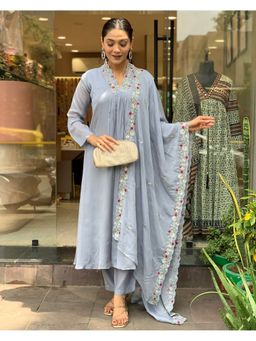 Lush Glam - Women Grey Embroidered Kurta with Pant and Dupatta