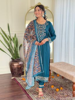 Lush Glam - Women Blue Embroidered Kurta with Pant and Dupatta