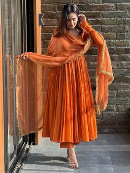 Lush Glam - Women Orange Solid Anarkali Kurta with Pant and Dupatta