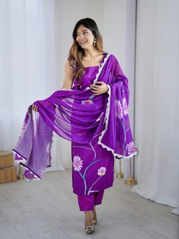 Lush Glam - Women Purple Floral Kurta with Pant and Dupatta