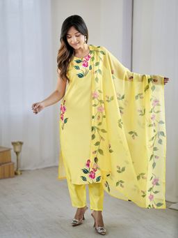 Lush Glam - Women Yellow Floral Kurta with Pant and Dupatta