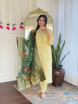 Lush Glam - Women Olive Embroidered Kurta with Pant and Dupatta