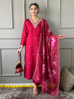 Lush Glam - Women Pink Embroidered Kurta with Pant and Dupatta