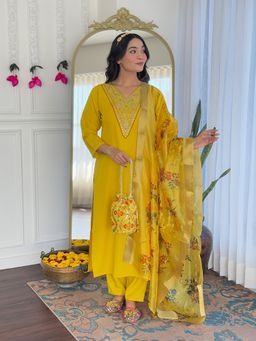 Lush Glam - Women Yellow Embroidered Kurta with Pant and Dupatta