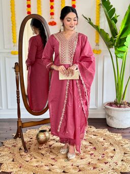 Lush Glam - Women Pink Embroidered Kurta with Pant and Dupatta