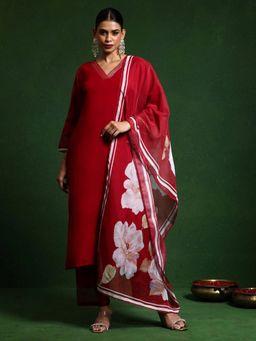 Lush Glam - Women Red Floral Kurta with Pant and Dupatta