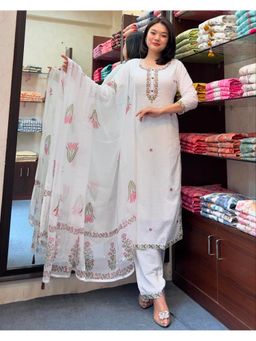 Lush Glam - Women White Embroidered Kurta with Pant and Dupatta