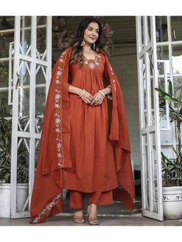 Lush Glam - Women Orange Embroidered Kurta with Pant and Dupatta