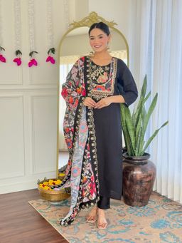 Lush Glam - Women Black Embroidered Kurta with Pant and Dupatta