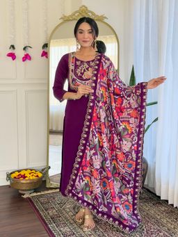 Lush Glam - Women Purple Embroidered Kurta with Pant and Dupatta