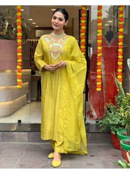 Lush Glam - Women Yellow Embroidered Kurta with Pant and Dupatta