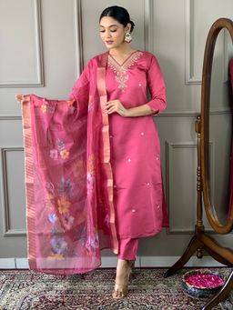 Lush Glam - Women Pink Embroidered Kurta with Pant and Dupatta