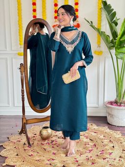 Lush Glam - Women Blue Embroidered Kurta with Pant and Dupatta