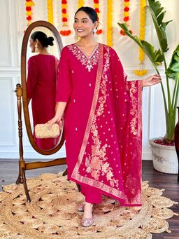 Lush Glam - Women Pink Embroidered Kurta with Pant and Dupatta