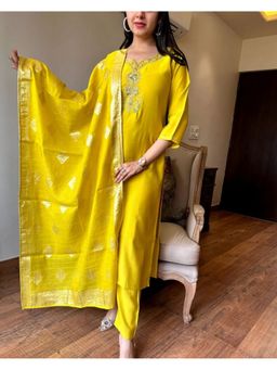 Lush Glam - Women Yellow Embroidered Kurta with Pant and Dupatta