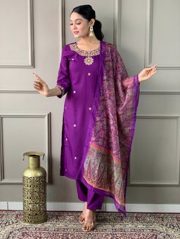 Lush Glam - Women Purple Embroidered Kurta with Pant and Dupatta