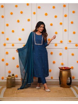 Lush Glam - Women Blue Embroidered Kurta with Pant and Dupatta