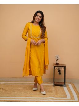 Lush Glam - Women Yellow Embroidered Kurta with Pant and Dupatta