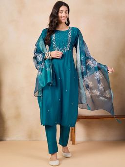 Lush Glam - Women Blue Embroidered Kurta with Pant and Dupatta