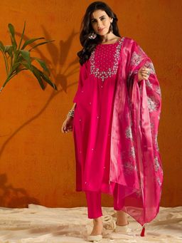 Lush Glam - Women Pink Embroidered Kurta with Pant and Dupatta