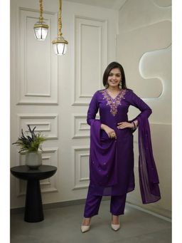 Lush Glam - Women Purple Embroidered Kurta with Pant and Dupatta