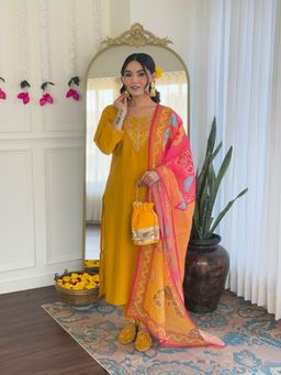 Lush Glam - Women Yellow Embroidered Kurta with Pant and Dupatta