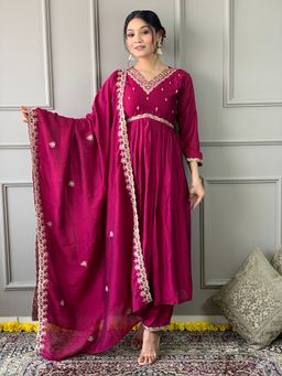 Lush Glam - Women Maroon Embroidered Kurta with Pant and Dupatta