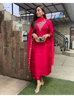 Lush Glam - Women Red Embroidered Kurta with Pant and Dupatta