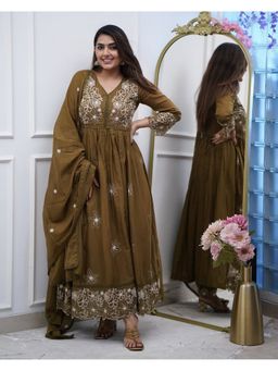 Lush Glam - Women Brown Embroidered Kurta with Pant and Dupatta