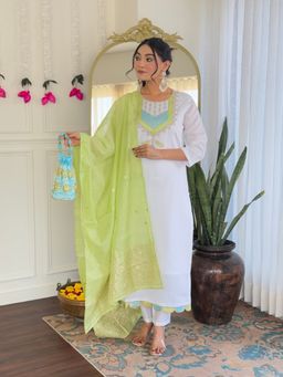 Lush Glam - Women White Embroidered Kurta with Pant and Dupatta