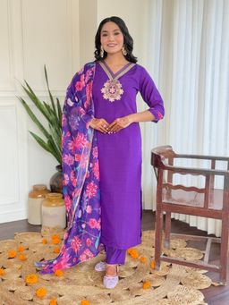 Lush Glam - Women Purple Embroidered Kurta with Pant and Dupatta