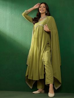 Lush Glam - Women Olive Embroidered Kurta with Pant and Dupatta