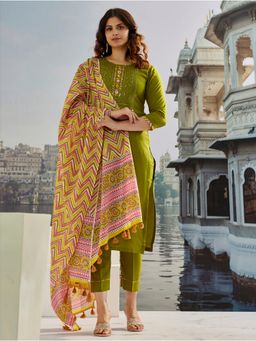 Lush Glam - Women Olive Embroidered Kurta with Pant and Dupatta