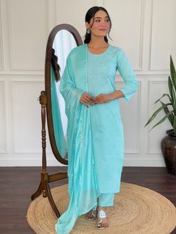 Lush Glam - Women Aqua Embroidered Kurta with Pant and Dupatta
