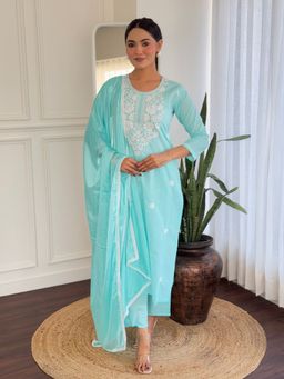 Lush Glam - Women Aqua Embroidered Kurta with Pant and Dupatta
