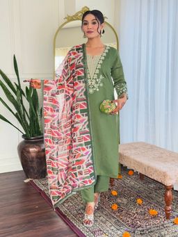 Lush Glam - Women Olive Embroidered Kurta with Pant and Dupatta
