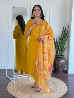 Lush Glam - Women Yellow Embroidered Kurta with Pant and Dupatta