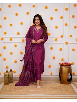 Lush Glam - Women Purple Embroidered Kurta with Pant and Dupatta