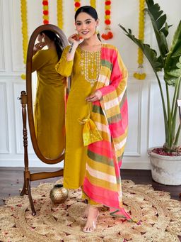 Lush Glam - Women Yellow Embroidered Kurta with Pant and Dupatta