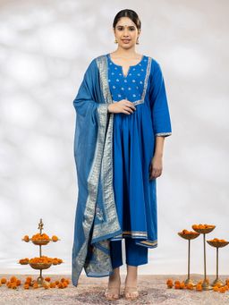 Laado - Women Blue Embroidered Anarkali Kurta with Pant and Dupatta