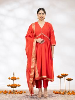 Laado - Women Red Embroidered Anarkali Kurta with Pant and Dupatta